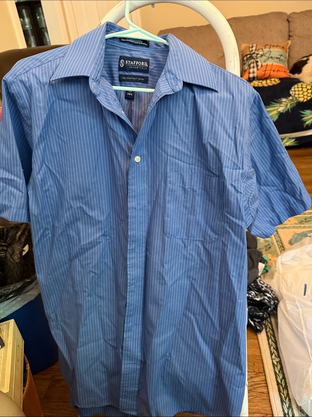 Stafford Blue Pinstripe Short Sleeve Button-Up Shirt